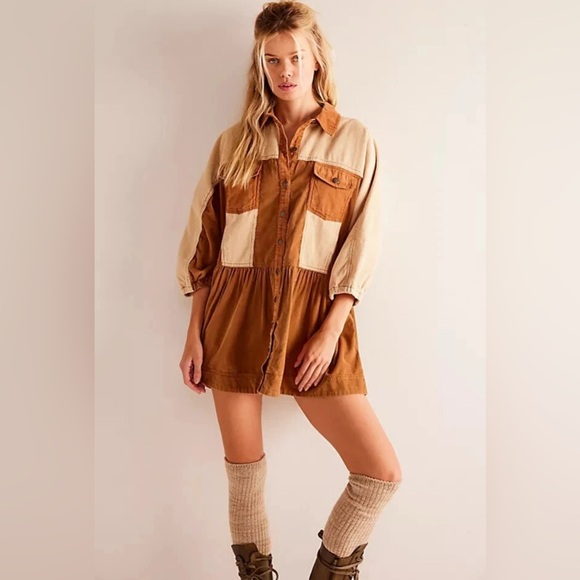 Free People Wild Roads Mini Buttodown Puff Sleeve Babydoll Pocket Dress size XL - Picture 1 of 9